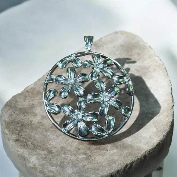 Vintage Floral Flower Silver Filigree Round Pendant 7"
With Clear Center Stones - Picture 1 of 4
